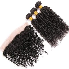 Kinky Curly Human Hair Bundles with Lace Frontal, 3 Bundles
