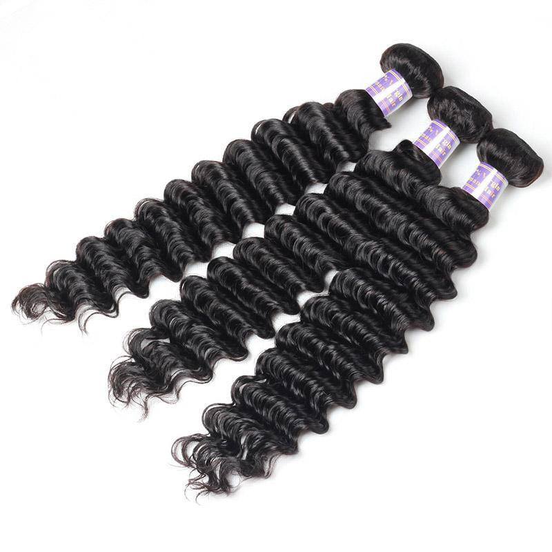 Peruvian Deep Wave Human Hair Bundles with 4x4 Lace Closure, 3 Bundles