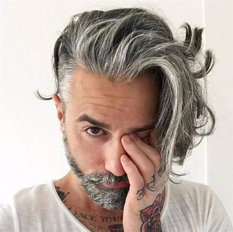 Real Human Hair Full Lace With Thin Skin Replacement for men 40% #1B Color Mixed 60% Grey Hair