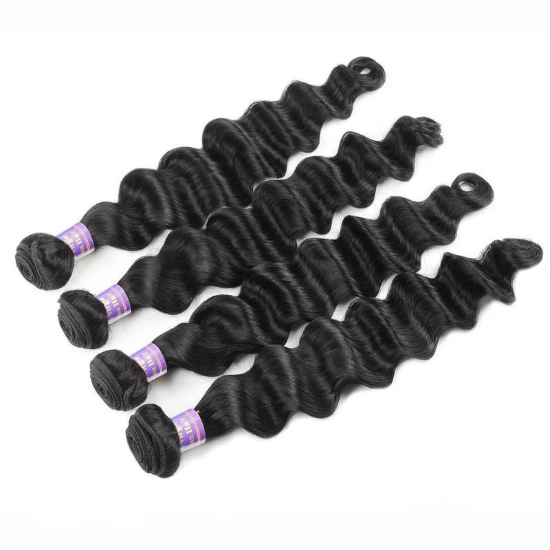 Loose Deep Wave Human Hair Bundles with 4x4 Lace Closure, 4 Bundles