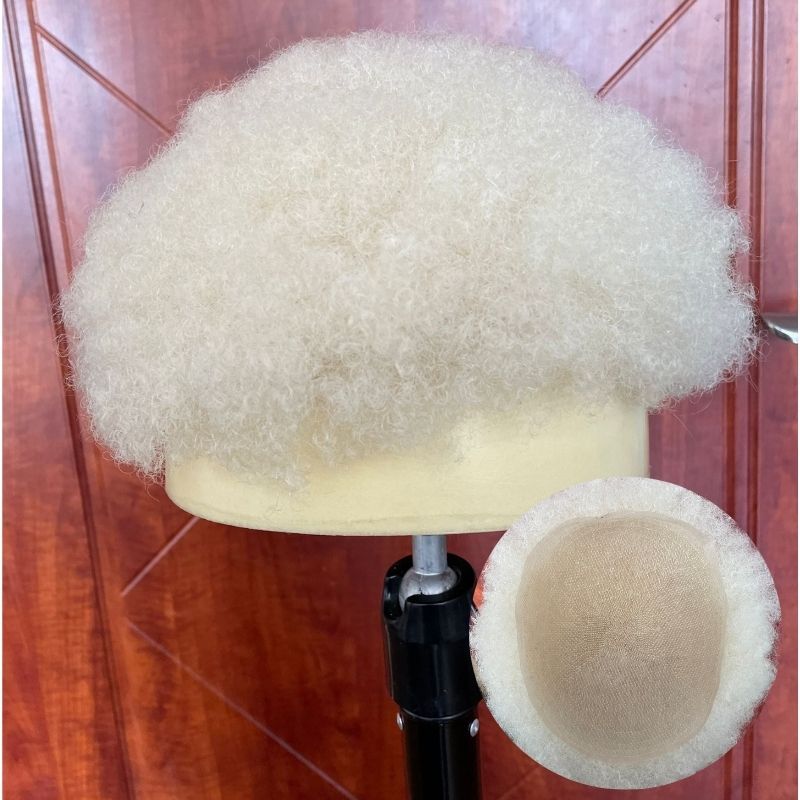Full Lace Mens Toupee Hair Replacement System Afro Curly Human Hair Pure White Hair 10x8inch