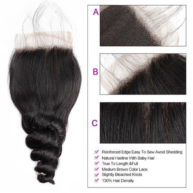Loose Wave Human Hair Bundles with 4x4 Lace Closure, 3 Bundles