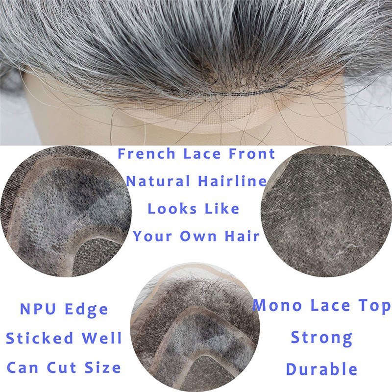 Real Human Hair Full Lace With Thin Skin Replacement for men 40% #1B Color Mixed 60% Grey Hair
