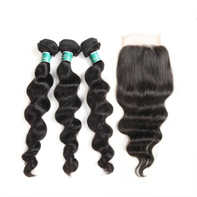 Loose Wave Human Hair Bundles with Lace Closure, 4 Bundles