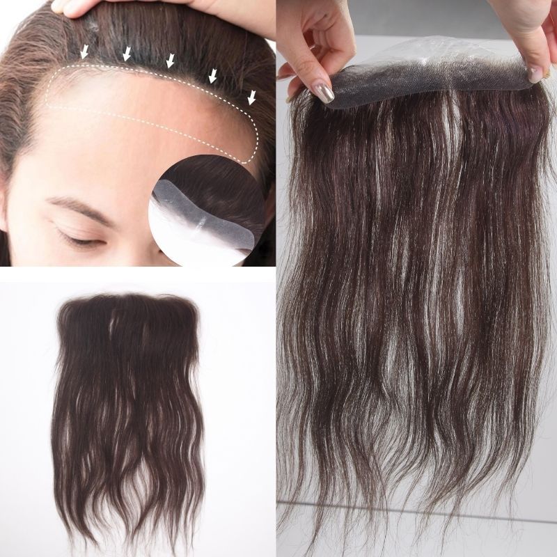 Long Hairline for Women and Men Natural V Loop Human Hair Front Hairpiece  Seamless Hairline for Women 3 Brown# PU Base 2x16cm 12-14 Inch Real Hair Topper