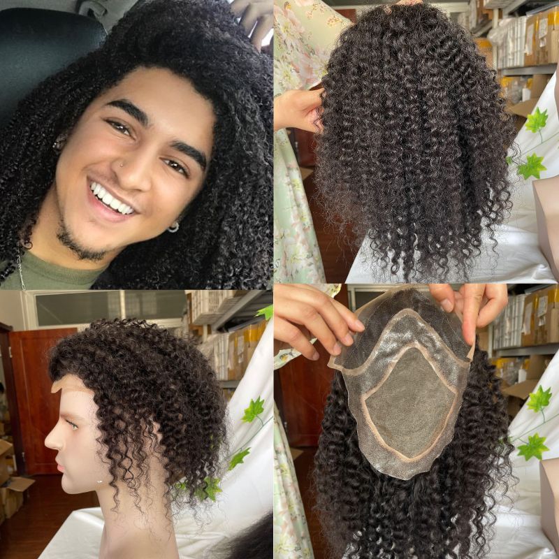 Kinky Curly 12 Inch Long Human Hair Toupee for Men 10x8 Hairpieces Human Hair Mens Toupee Mono Net with PU around Natural Color