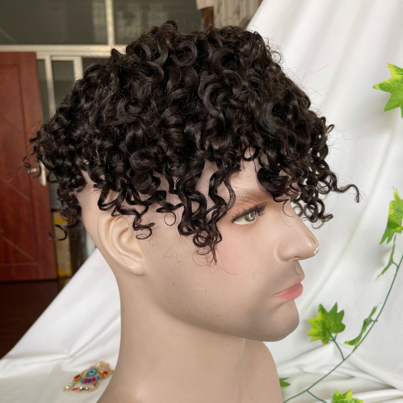 Swiss Lace Base Breathable Human Hair 360 Curly  Men's Toupee Natural Hairline Replacement Toupee for Men Brown Color