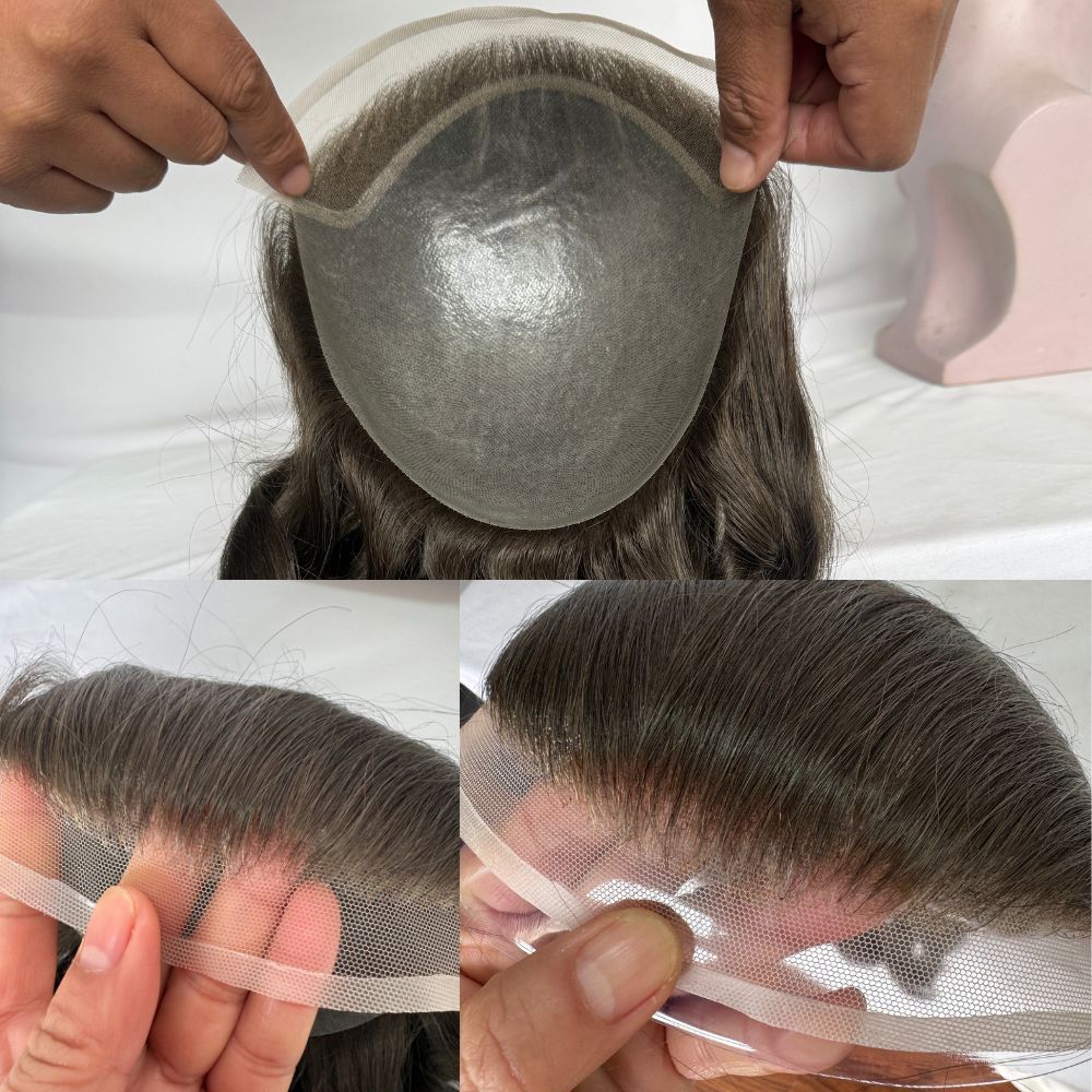 12 Inch Long Toupee For Men 1B20 Color BIO Toupee European Hair Replacement PU Base With Frontal Swiss Lace Net Human Hair 10x8 Make Natural Front Hairline Loose Wave