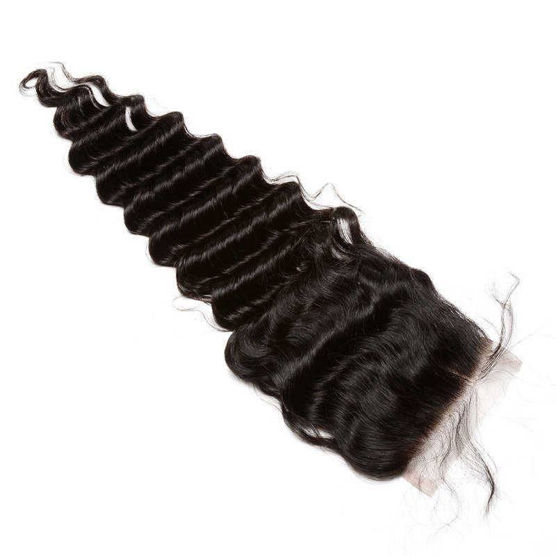 Natural Color Deep Wave Bundles with Lace Closure, 3 Bundles