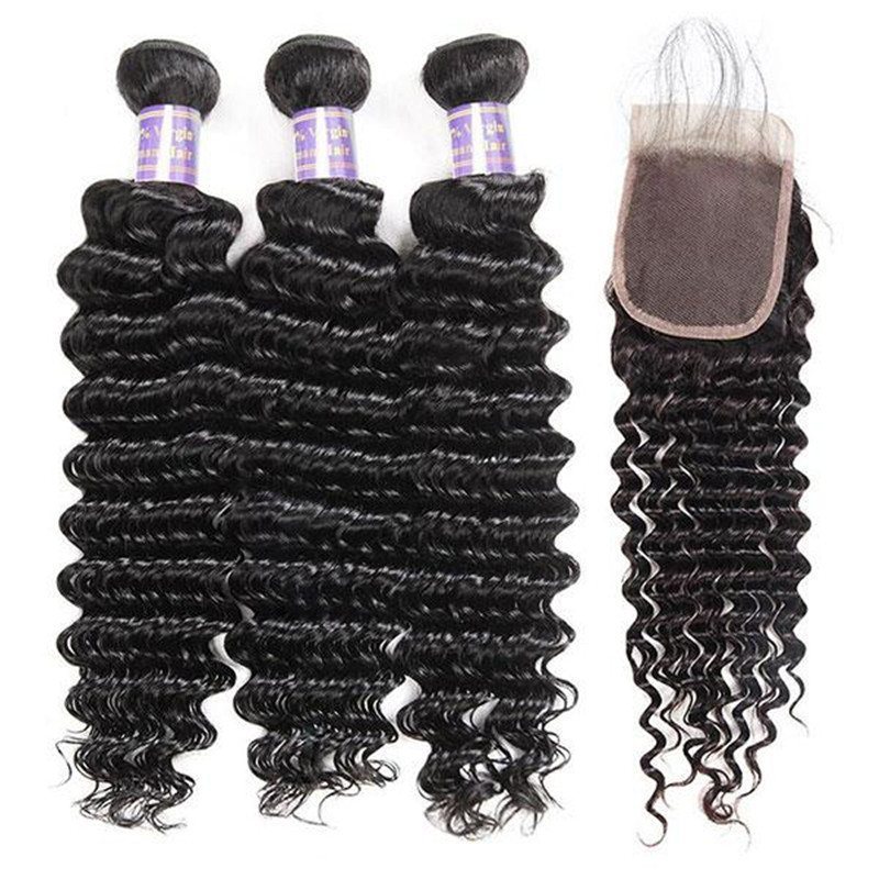 Malaysian Deep Wave Human Hair Bundles with 4x4 Lace Closure, 3 Bundles