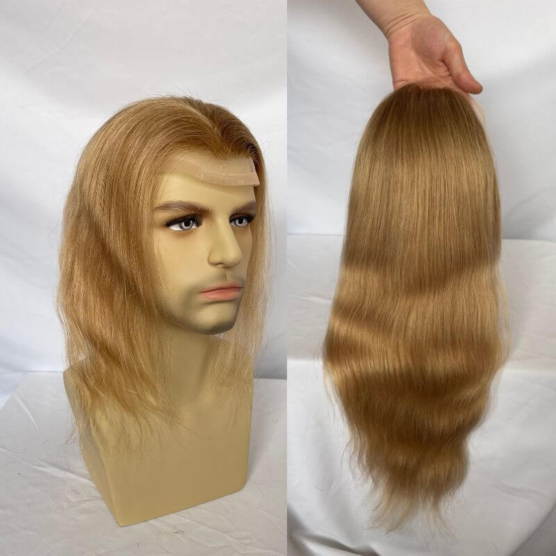 Men's Toupee Ombre Ash Blonde  12 Inch Long Human Hair 10x8 Hairpieces Human Hair Ombre 27 Color Mono Net with PU around