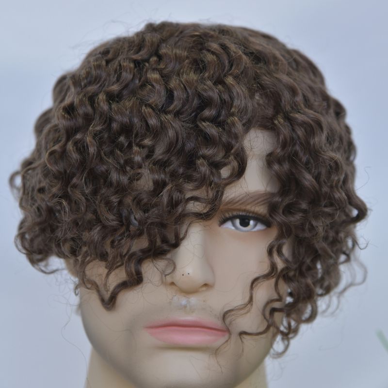 Swiss Lace Base Breathable Human Hair 360 Curly  Men's Toupee Natural Hairline Replacement Toupee for Men Brown Color