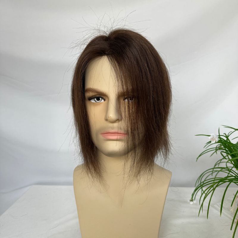 9 Inch  Mediun-Long Hair Men Toupee 8x6 Hairpieces for Men Mono with PU 100% European Human Hair System 3# Brown NPU Hair Replacement