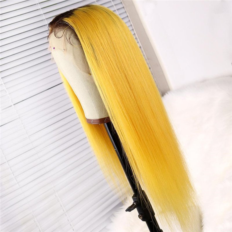 Ombre Yellow Straight Human Hair Wig With Black Roots Wig With Baby Hair Brazilian Remy Lace Wigs