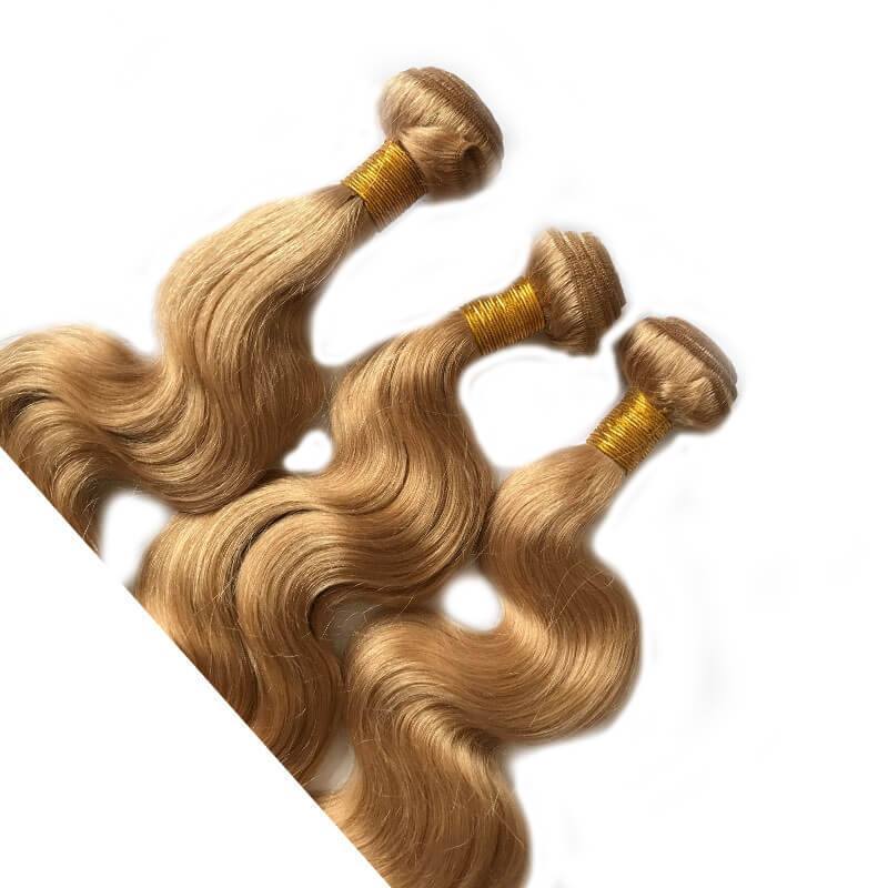 Honey Blonde Body Wave Human Hair Bundles with 13x4 Lace Frontal, 3 Bundles