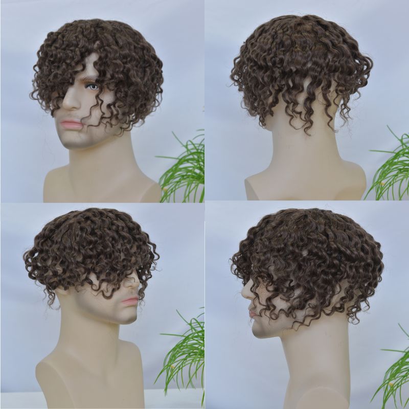 Swiss Lace Base Breathable Human Hair 360 Curly  Men's Toupee Natural Hairline Replacement Toupee for Men Brown Color