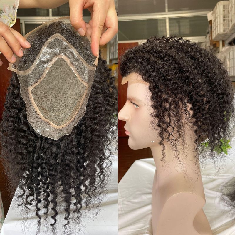 Kinky Curly 12 Inch Long Human Hair Toupee for Men 10x8 Hairpieces Human Hair Mens Toupee Mono Net with PU around Natural Color