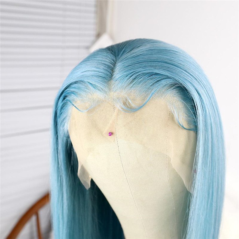 Blue Straight Lace Front Human Hair Wig, Baby Hair