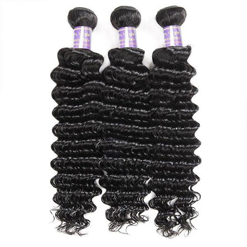Malaysian Deep Wave Human Hair Bundles with 4x4 Lace Closure, 3 Bundles