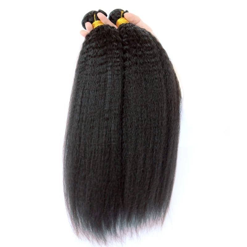 Natural Color Kinky Straight Human Hair Bundles with Lace Closure, 3 Bundles