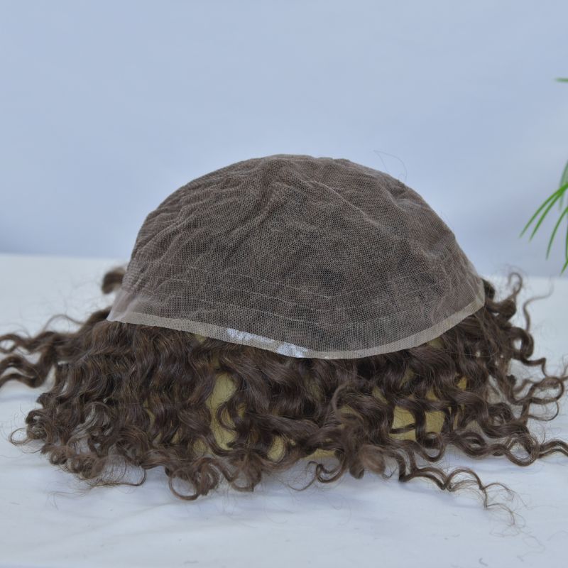 Swiss Lace Base Breathable Human Hair 360 Curly  Men's Toupee Natural Hairline Replacement Toupee for Men Brown Color