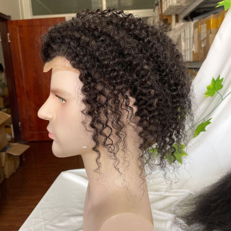 Kinky Curly 12 Inch Long Human Hair Toupee for Men 10x8 Hairpieces Human Hair Mens Toupee Mono Net with PU around Natural Color