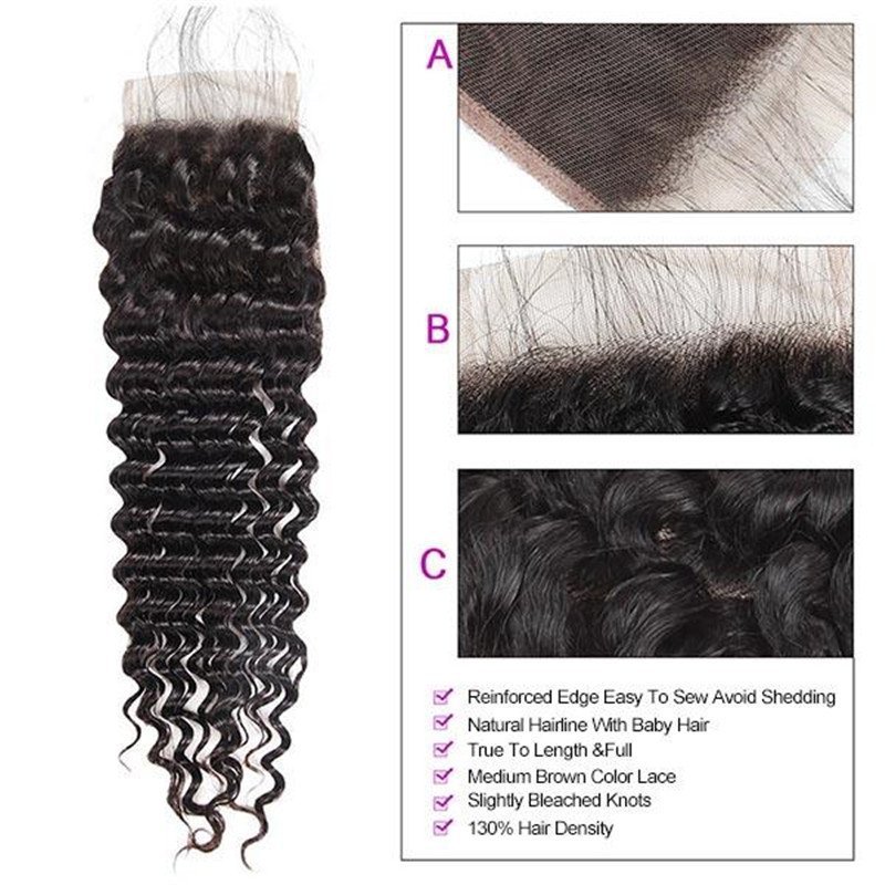 Peruvian Deep Wave Human Hair Bundles with 4x4 Lace Closure, 3 Bundles