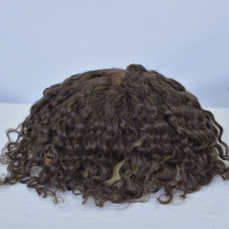 Swiss Lace Base Breathable Human Hair 360 Curly  Men's Toupee Natural Hairline Replacement Toupee for Men Brown Color