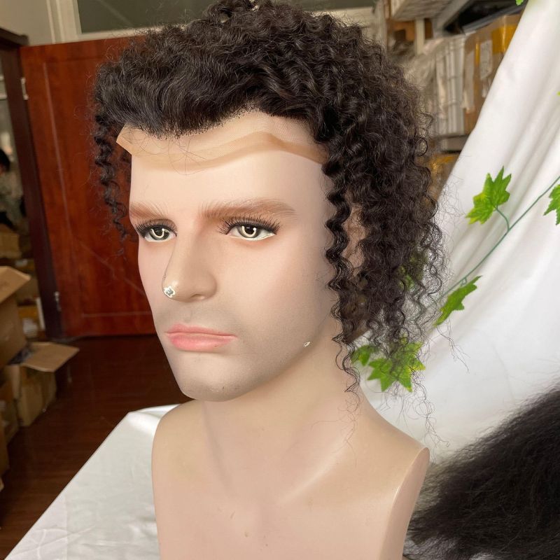 Kinky Curly 12 Inch Long Human Hair Toupee for Men 10x8 Hairpieces Human Hair Mens Toupee Mono Net with PU around Natural Color