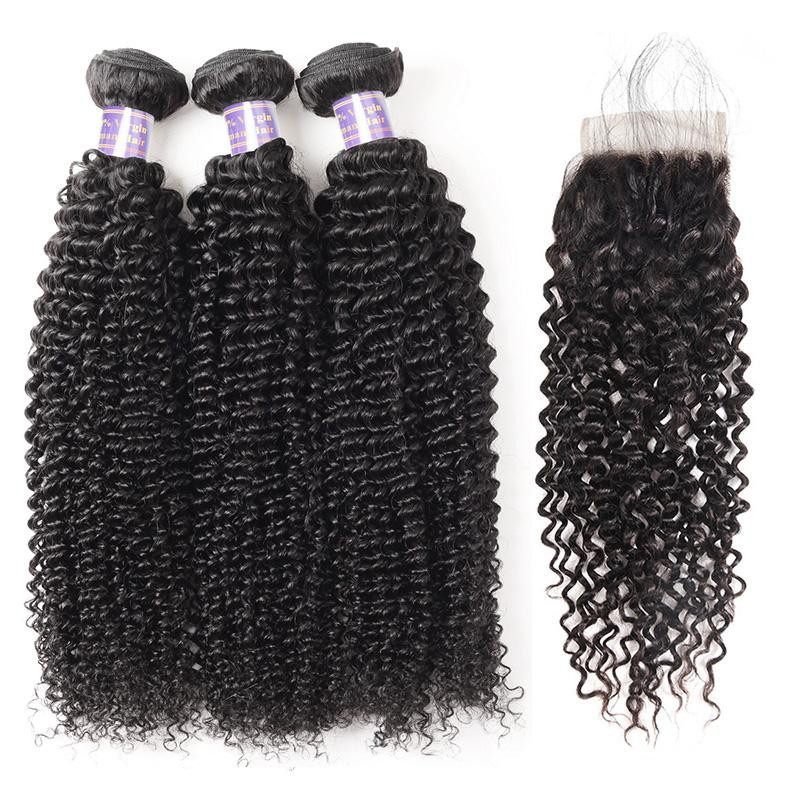 Kinky Curly Human Hair Bundles with Lace Closure, 3 Bundles