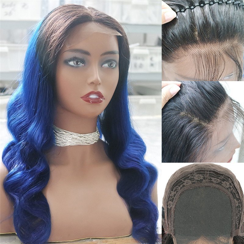 Ombre Dark Blue Wig Human Hair Wigs For Women Blue Color Dark RootsBrazilian Human Hair Body Wave Lace Wig