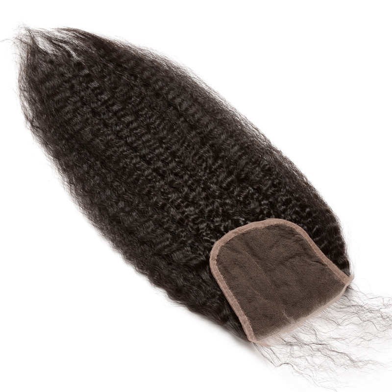 Natural Color Kinky Straight Human Hair Bundles with Lace Closure, 3 Bundles