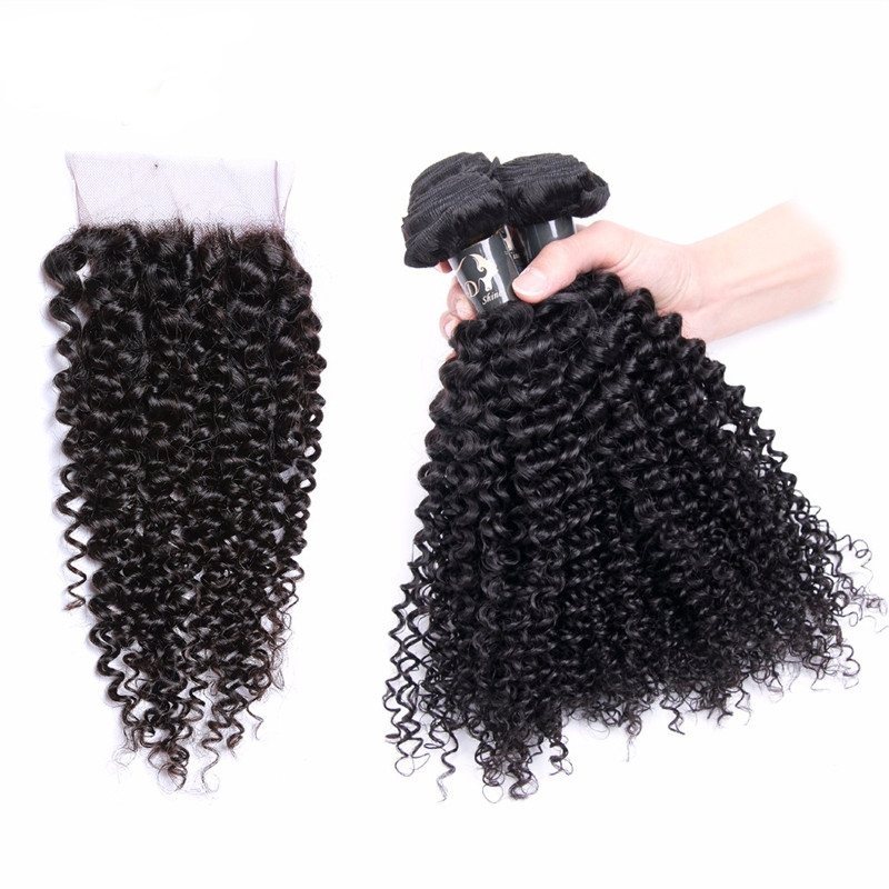 Kinky Curly Human Hair Bundles with Lace Closure, Bleached Knots