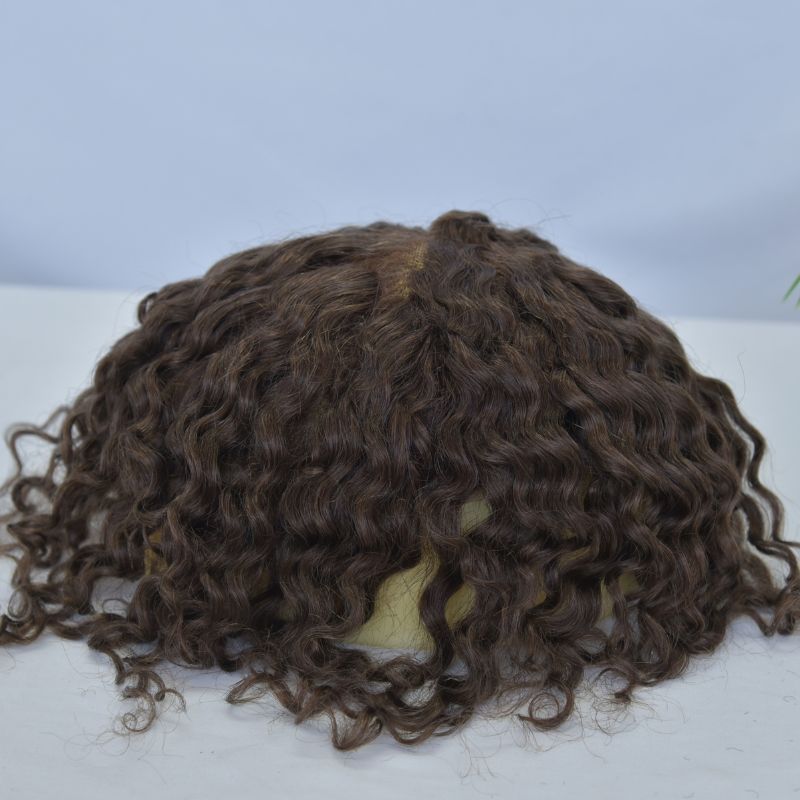 Swiss Lace Base Breathable Human Hair 360 Curly  Men's Toupee Natural Hairline Replacement Toupee for Men Brown Color