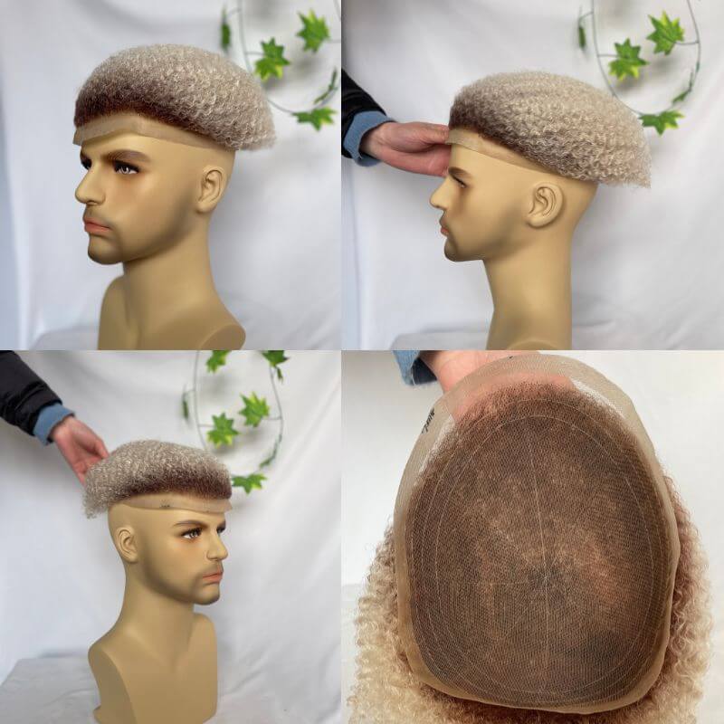 Full Swiss Lace Afro Curly 4mm 6mm  Ombre 60 White Color  Men's Toupee Hair System Color African American Wigs Human Hair 10x8inch Toupee For Men Human Hair