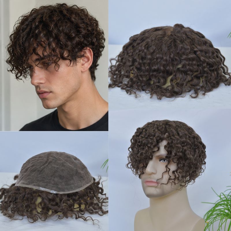 Swiss Lace Base Breathable Human Hair 360 Curly  Men's Toupee Natural Hairline Replacement Toupee for Men Brown Color