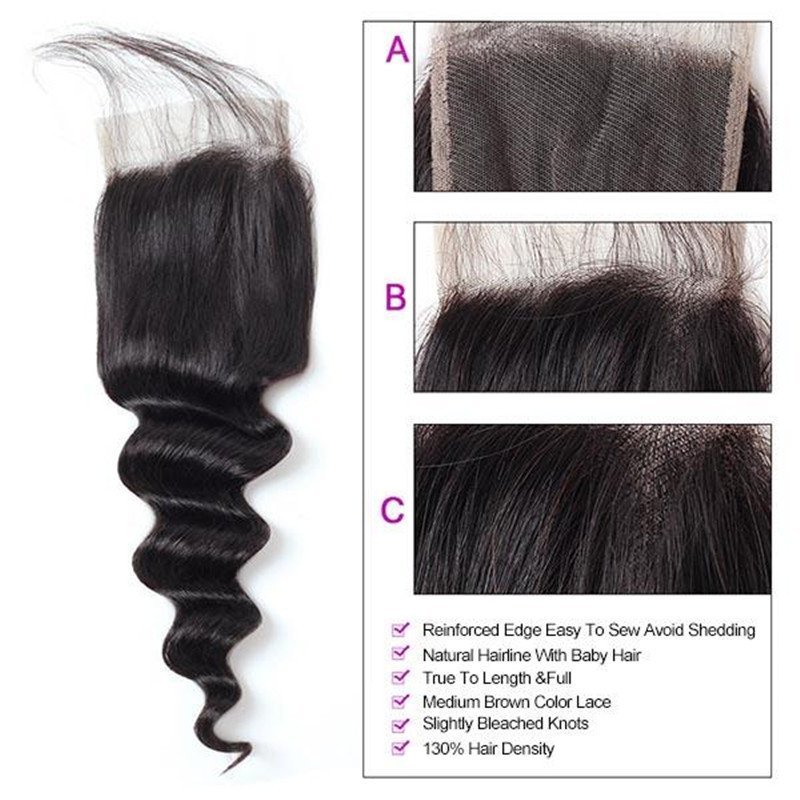 Peruvian Loose Deep Wave Human Hair Bundles with 4x4 Lace Closure, 3 Bundles