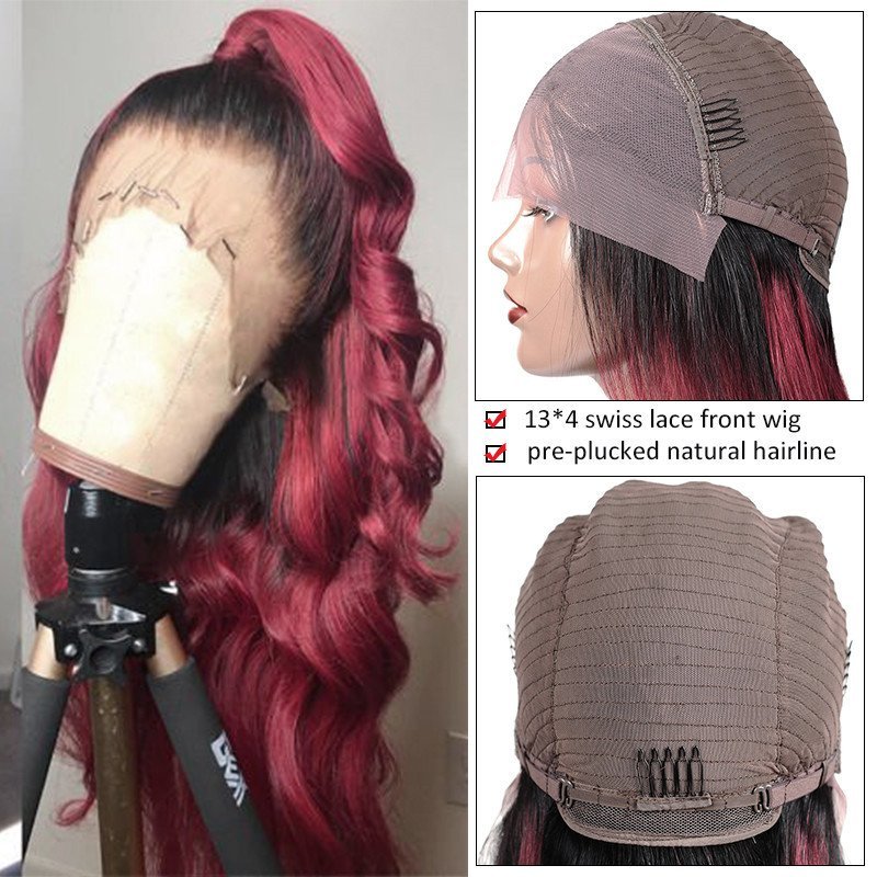 Ombre 1B 99J Body Wave Burgundy Lace Front Brazilian Virgin Human Hair Wig