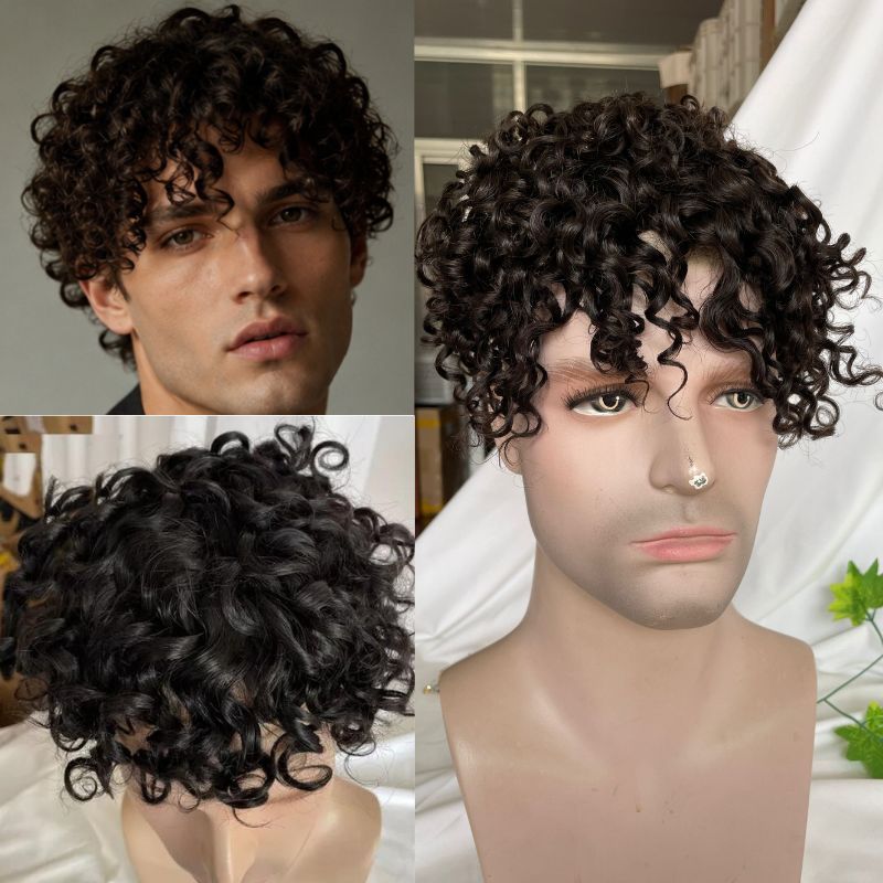 Swiss Lace Base Breathable Human Hair 360 Curly  Men's Toupee Natural Hairline Replacement Toupee for Men Brown Color