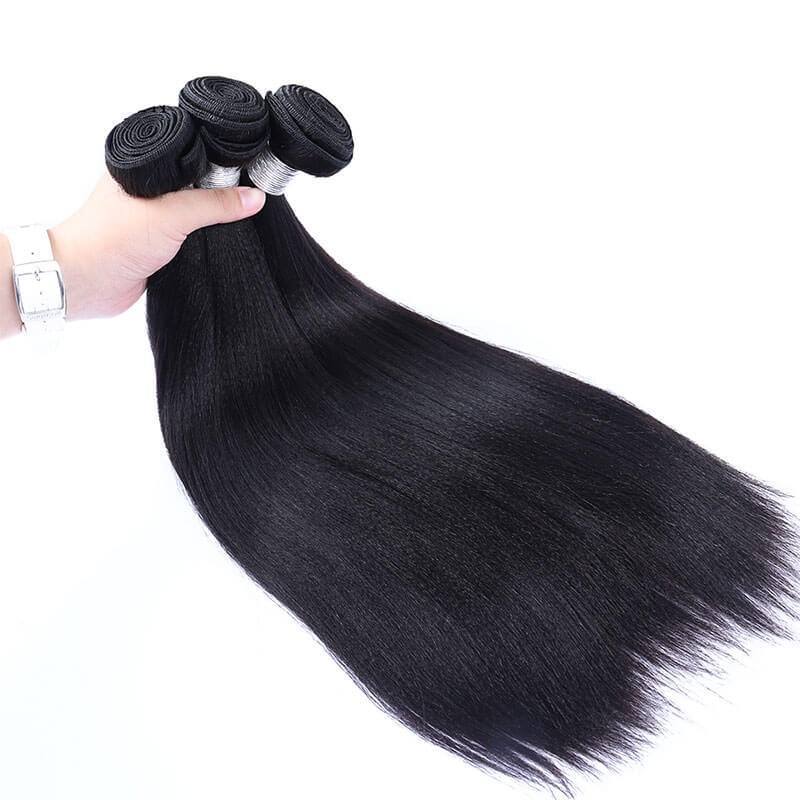Human Hair Yaki Straight Hair Weave Natural Color 3 Bundles