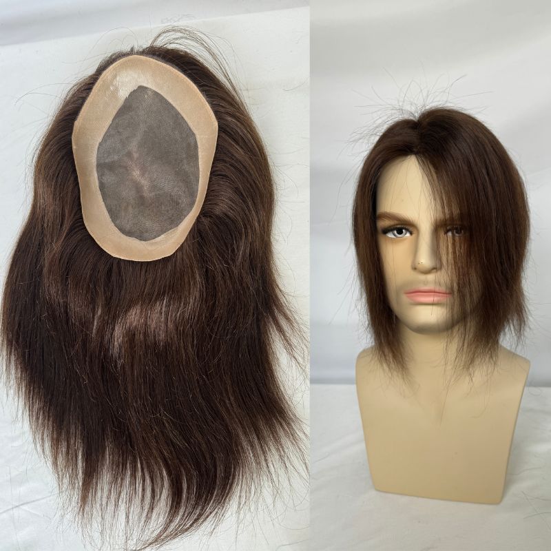 9 Inch  Mediun-Long Hair Men Toupee 8x6 Hairpieces for Men Mono with PU 100% European Human Hair System 3# Brown NPU Hair Replacement