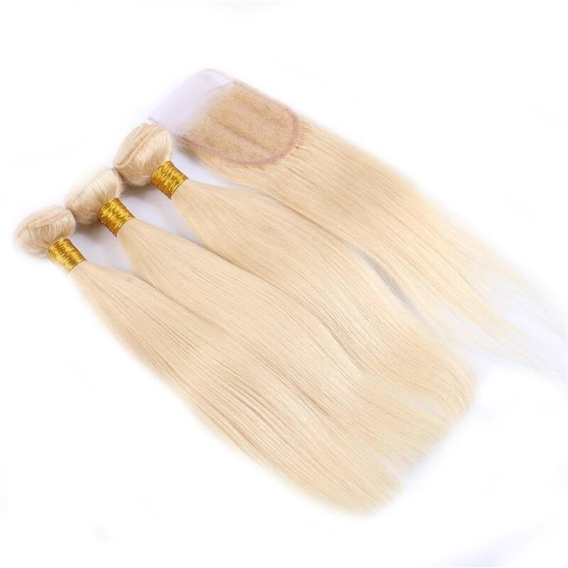 613 Blonde Straight Human Hair Bundles with 4x4 Lace Closure, 3 Bundles