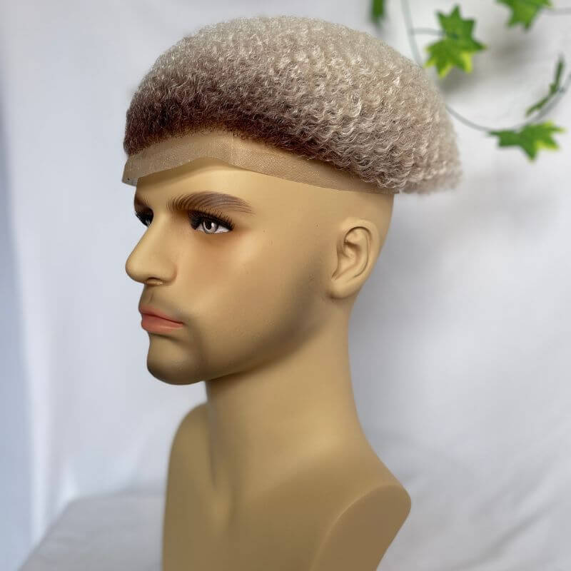 Full Swiss Lace Afro Curly 4mm 6mm  Ombre 60 White Color  Men's Toupee Hair System Color African American Wigs Human Hair 10x8inch Toupee For Men Human Hair