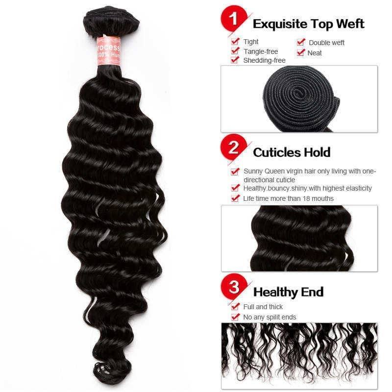 Natural Color Deep Wave Bundles with Lace Closure, 3 Bundles