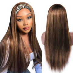 Color #4 Straight Headband Human Hair Wig, Ombre, Highlight