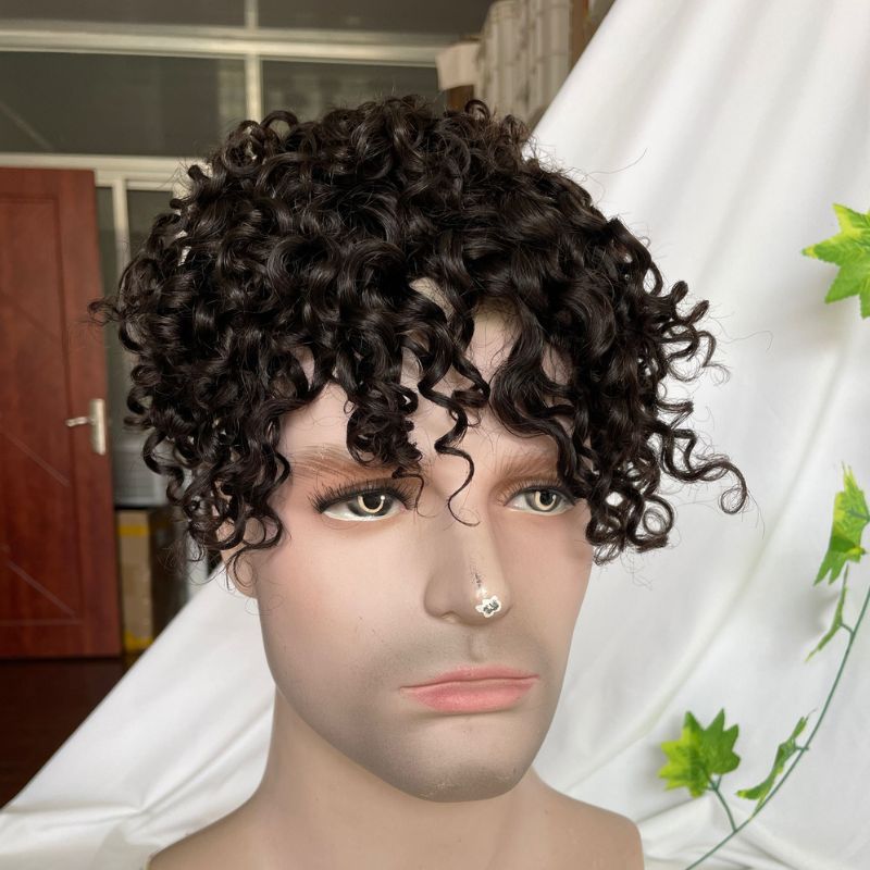 Swiss Lace Base Breathable Human Hair 360 Curly  Men's Toupee Natural Hairline Replacement Toupee for Men Brown Color