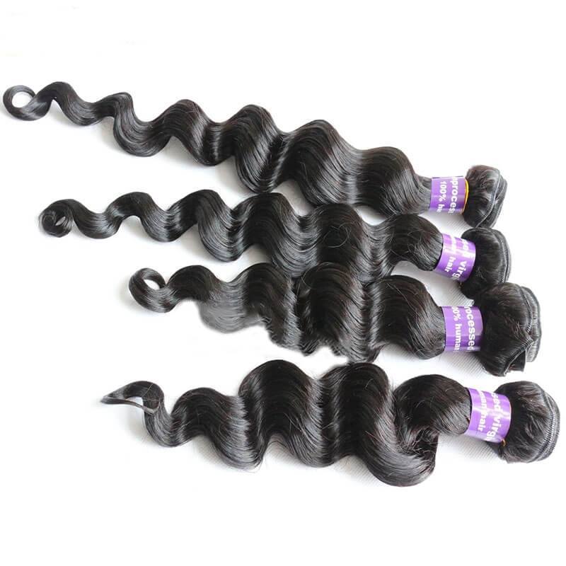 Loose Wave Human Hair Bundles with Lace Closure, 4 Bundles
