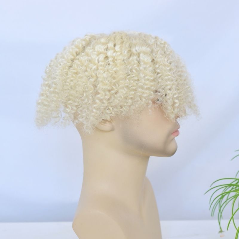 360 Wave Kinky Curly 100% European Human Hair Full French Lace Cap Toupee for Men White Color Hair System 8x10 Hair Replacement