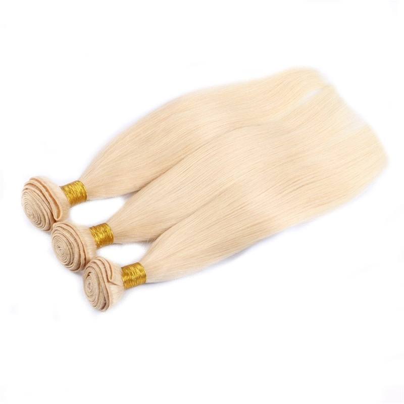 613 Blonde Straight Human Hair Bundles with 4x4 Lace Closure, 3 Bundles