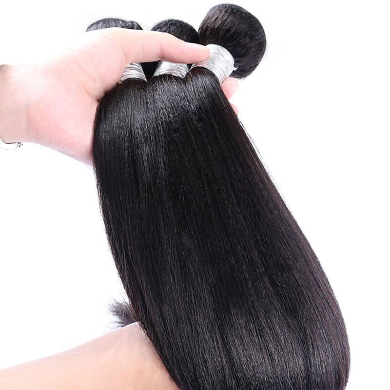 Human Hair Yaki Straight Hair Weave Natural Color 3 Bundles
